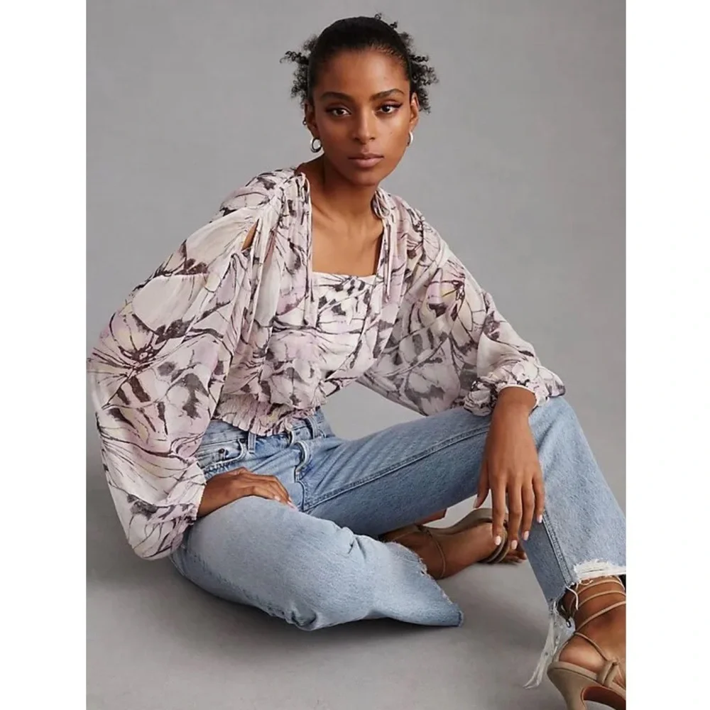 NWT By Anthropologie Floral Blouse S Purple Fairy‎ Pastel Sheer Peasant Whimsy